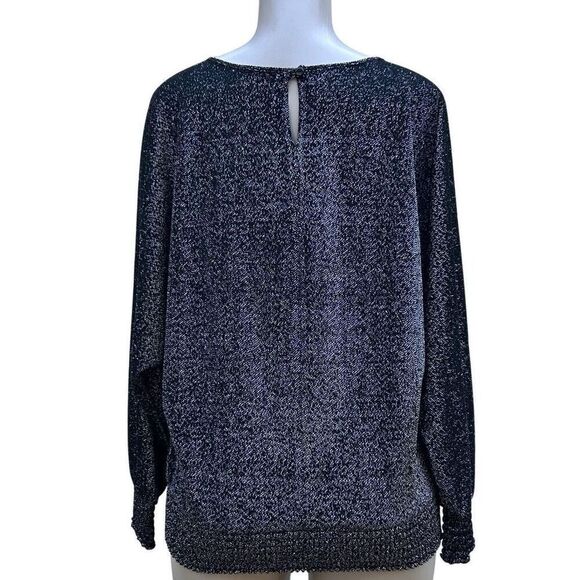 Joanna Sweater Blouse Women's Large Black Sparkly Mylar Blend Smocked Hem - Picture 6 of 16